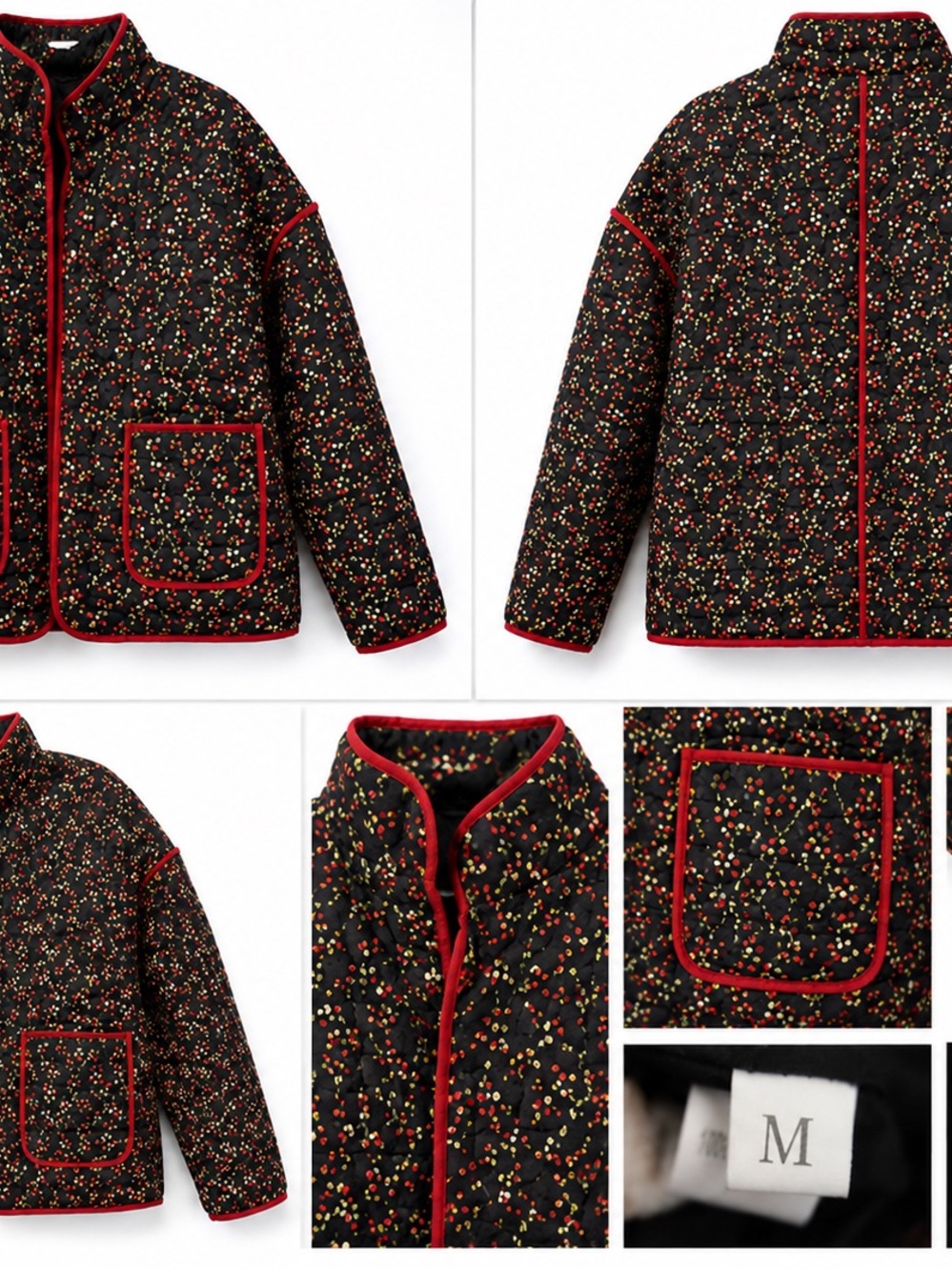 XOXO Vintage Black Quilted Floral Jacket with Red Piping Size M